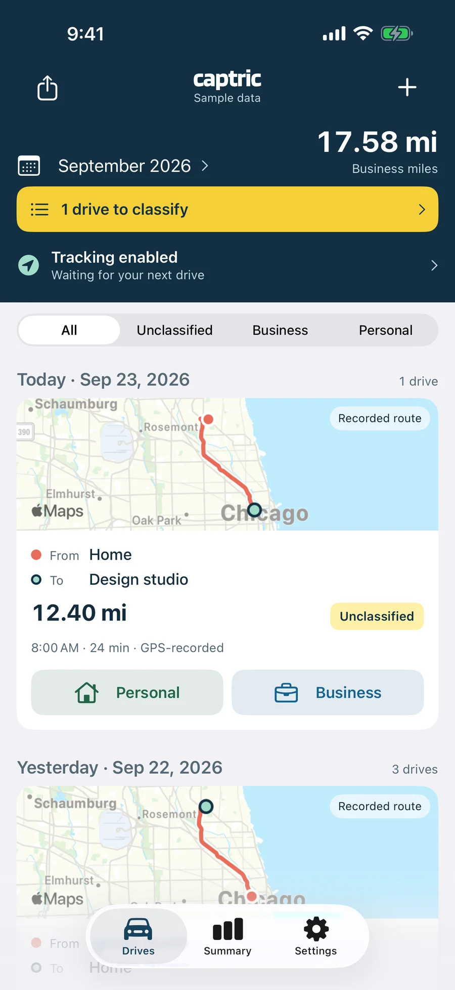 Captric Drives screen with sample data: 17.58 business miles in September, one drive to classify, tracking enabled, and the Home to Design studio drive with its recorded route, marked Unclassified with Personal and Business buttons.