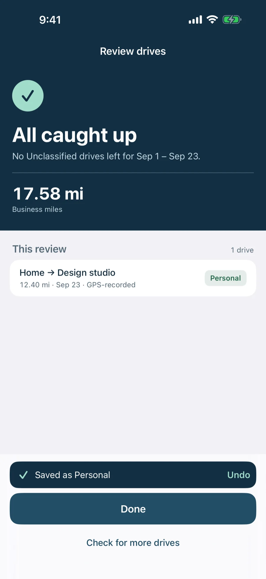 Captric review results after choosing Personal: All caught up, 17.58 business miles, the Home to Design studio drive marked Personal, and a Saved as Personal bar with Undo.