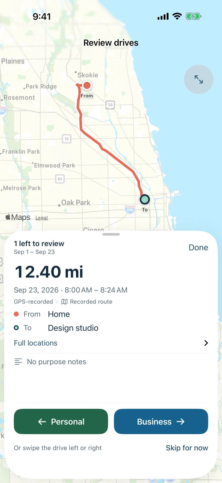 Captric review screen with sample data: a recorded drive from Home to Design studio on a map, 12.40 miles, with Personal and Business buttons.